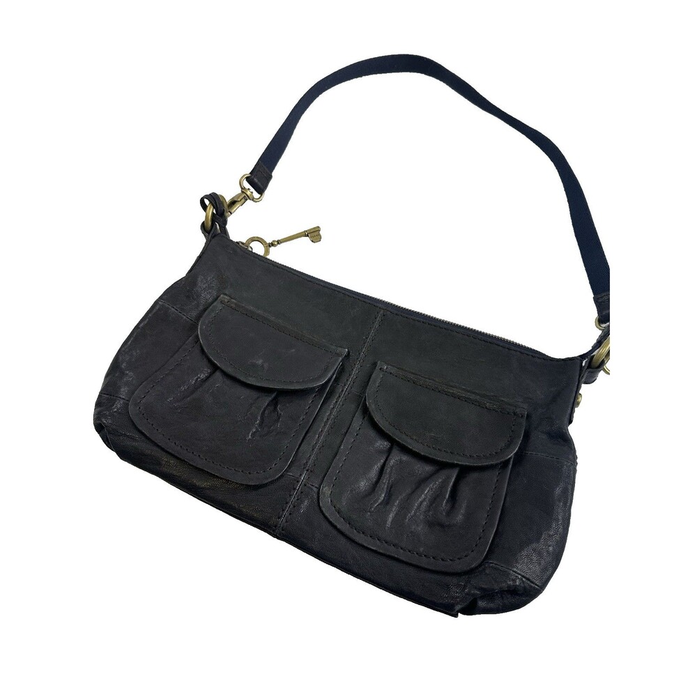 Fossil Soft Leather Shoulder Bag Navy Blue Zip Flap Pockets Lock And‎ Key Charms